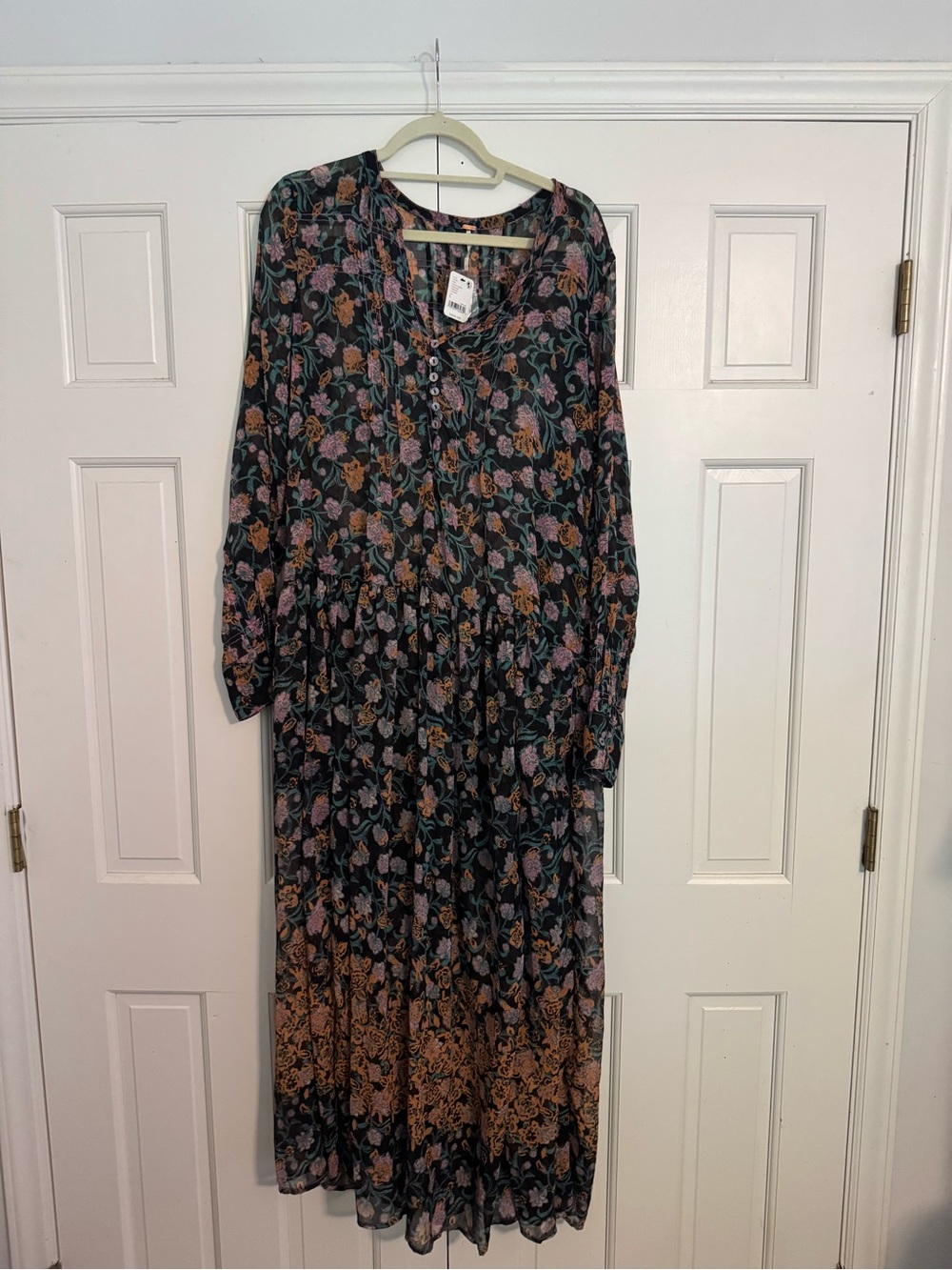 Free People Black Floral V-Neck Tiered Maxi Dress with Pink & Tan Blooms